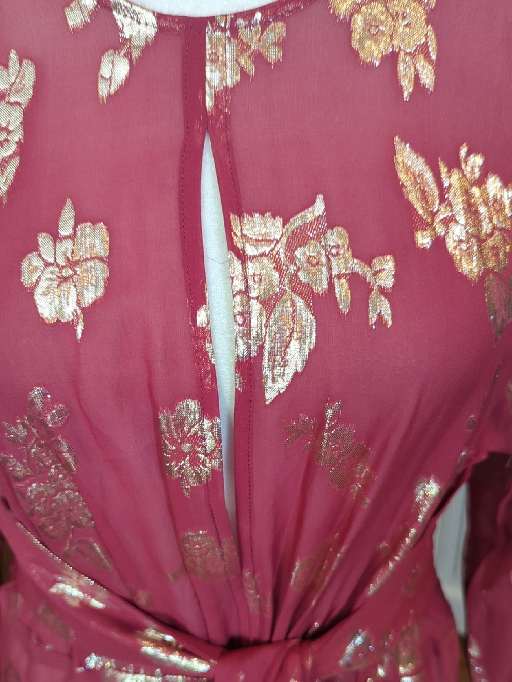 Opaline Designer Sheer Silk Dusty Rose Metallic Floral Tie-Waist Midi Dress - Picture 7 of 11